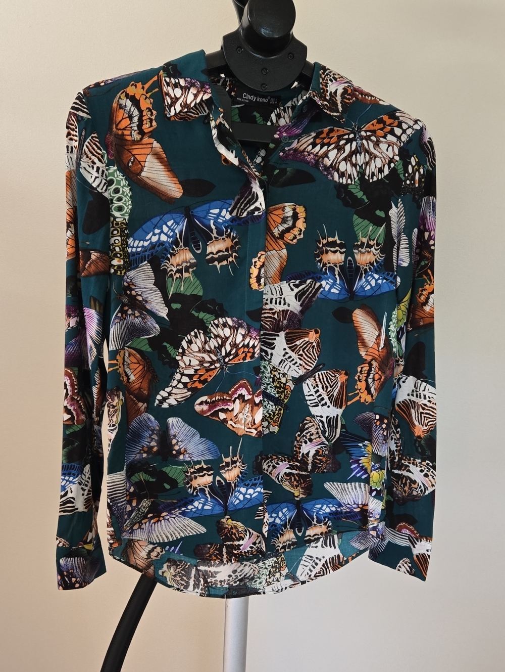 Teal Butterfly-Print Button Front Blouse